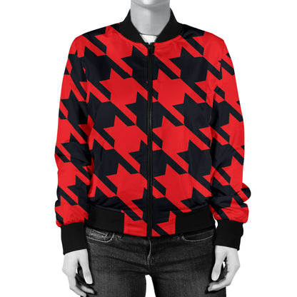 Houndstooth Red Pattern Print Design 03 Women's Bomber Jacket
