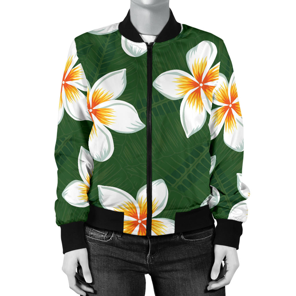 White Plumeria Pattern Print Design PM020 Women Bomber Jacket