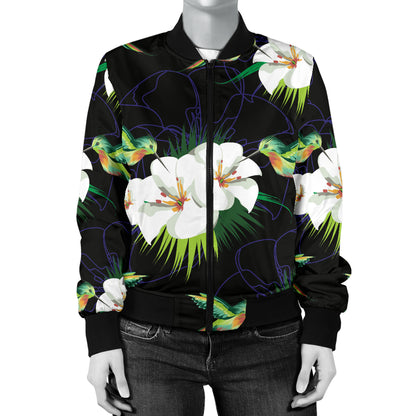 Hummingbird with Flower Pattern Print Design 03 Women's Bomber Jacket