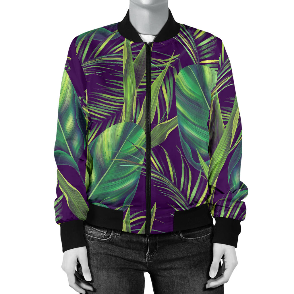 Palm Leaves Pattern Print Design PL03 Women Bomber Jacket