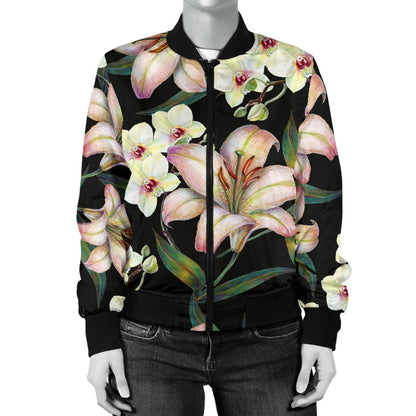 Lily Pattern Print Design LY03 Women Bomber Jacket