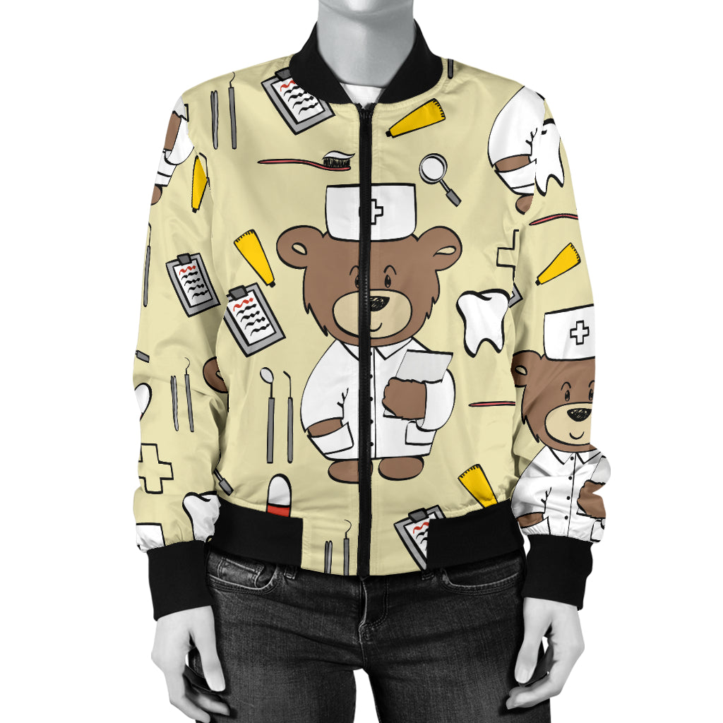 Nurse Bear Pattern Print Design A02 Women's Bomber Jacket