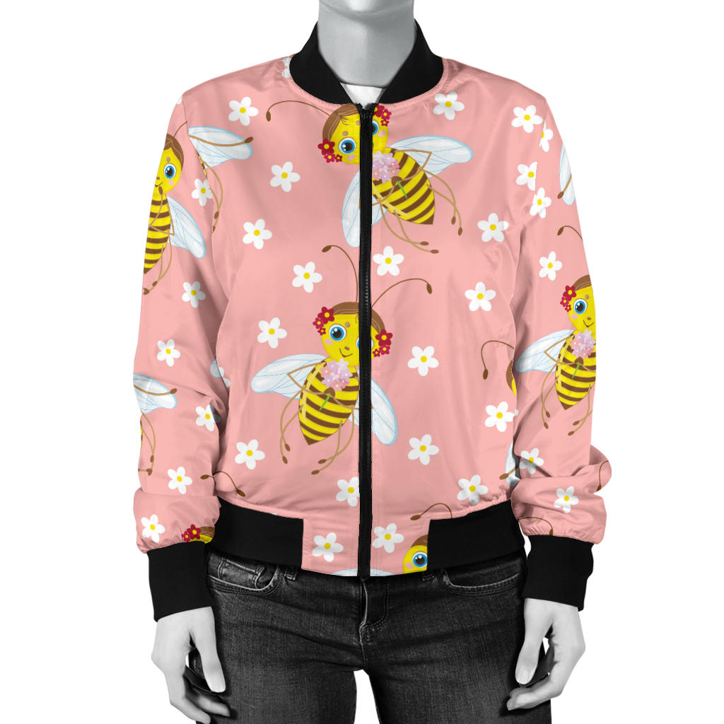 Bee Pattern Print Design BEE07 Women Bomber Jacket