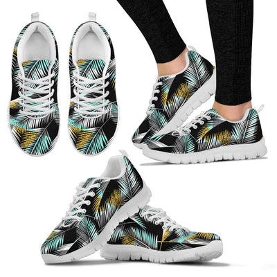 Gold Glitter Cyan Tropical Palm Leaves Sneakers White Bottom Shoes