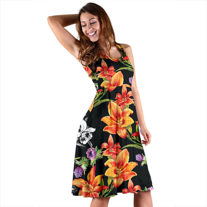 Tropical Flower Pattern Print Design TF02 Midi Dress