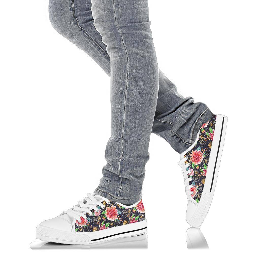 Dahlia Pattern Print Design DH02 White Bottom Low Top Shoes