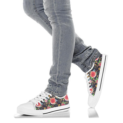 Dahlia Pattern Print Design DH02 White Bottom Low Top Shoes