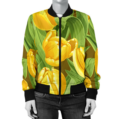 Tulip Yellow Pattern Print Design TP010 Women Bomber Jacket