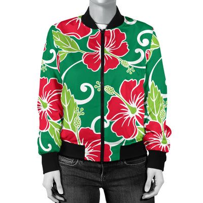 Red Hibiscus Pattern Print Design HB019 Women Bomber Jacket