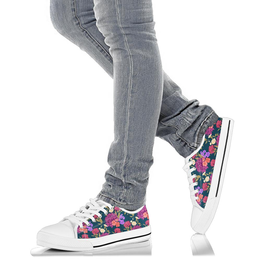 Dahlia Pattern Print Design DH01 White Bottom Low Top Shoes