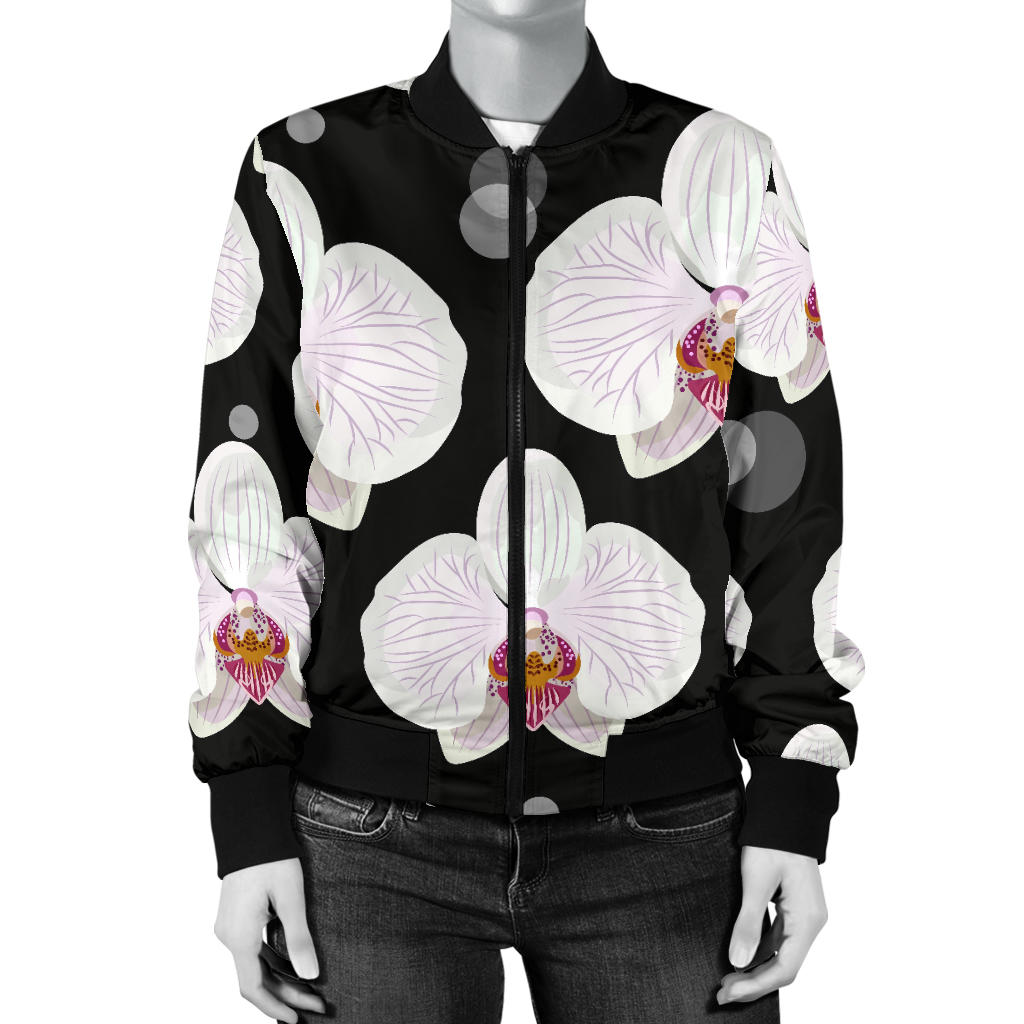 Orchid White Pattern Print Design OR09 Women Bomber Jacket