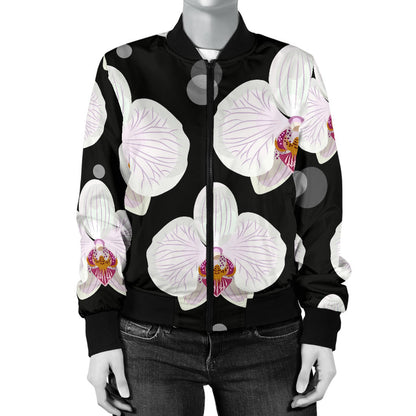 Orchid White Pattern Print Design OR09 Women Bomber Jacket