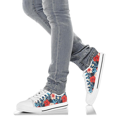 Red Hibiscus Blue Scene White Bottom Low Top Shoes