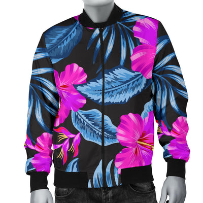 Neon Pink Hibiscus Pattern Print Design HB015 Men Bomber Jacket