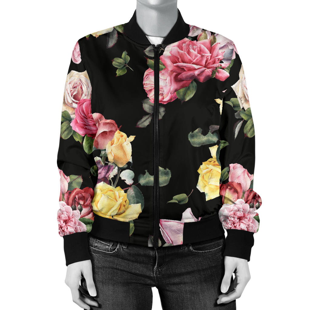 Rose Pattern Print Design RO010 Women Bomber Jacket
