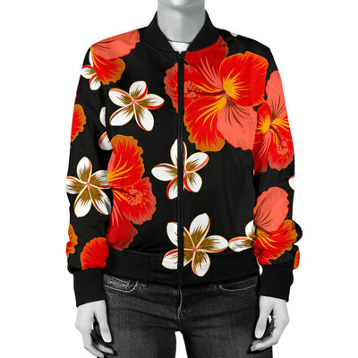 Red Hibiscus Pattern Print Design HB022 Women Bomber Jacket