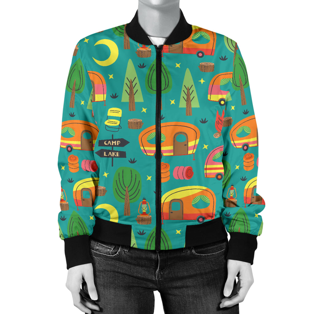 Camping Camper Pattern Print Design 05 Women's Bomber Jacket