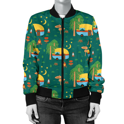 Camping Camper Pattern Print Design 06 Women's Bomber Jacket