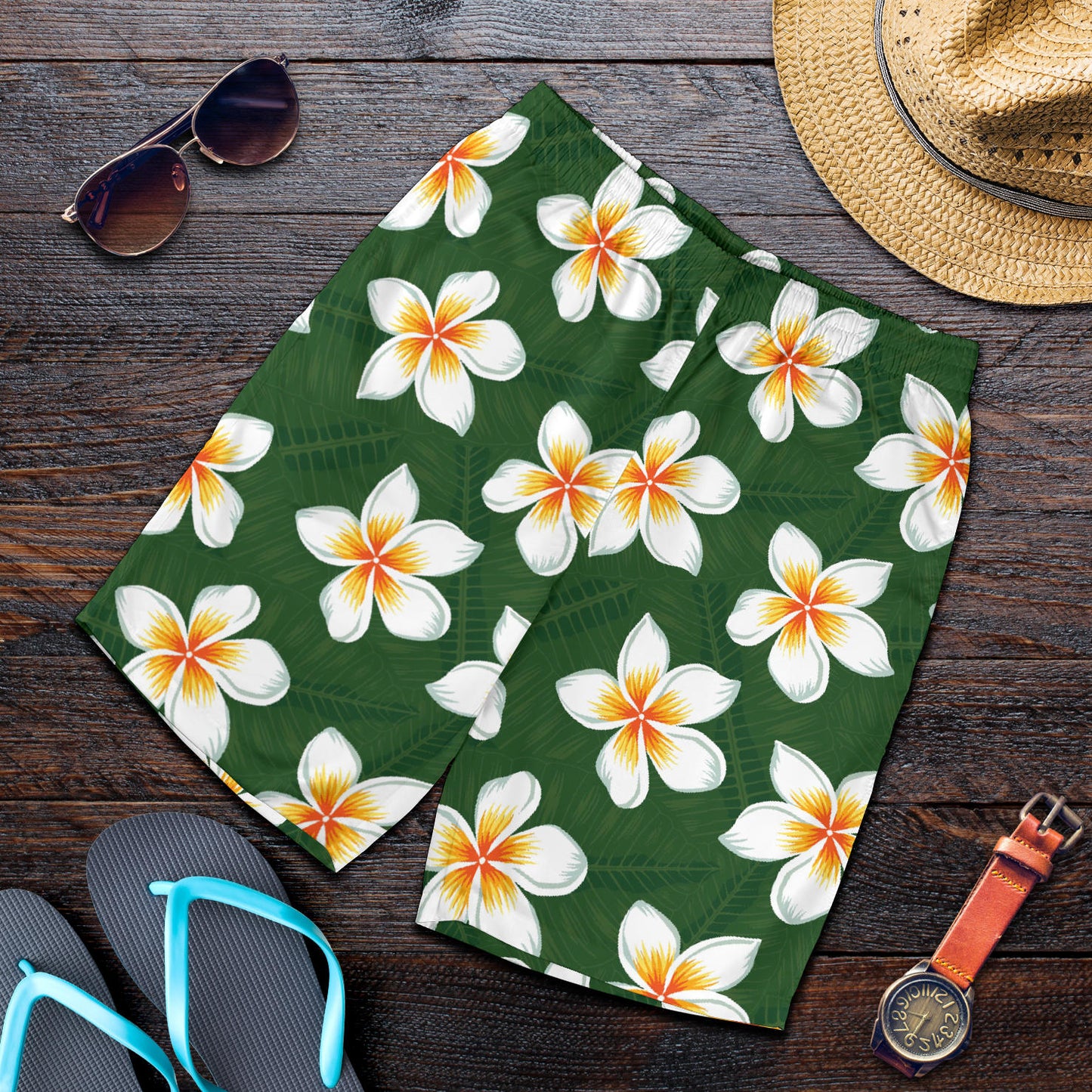 White Plumeria Pattern Print Design PM020 Mens Shorts