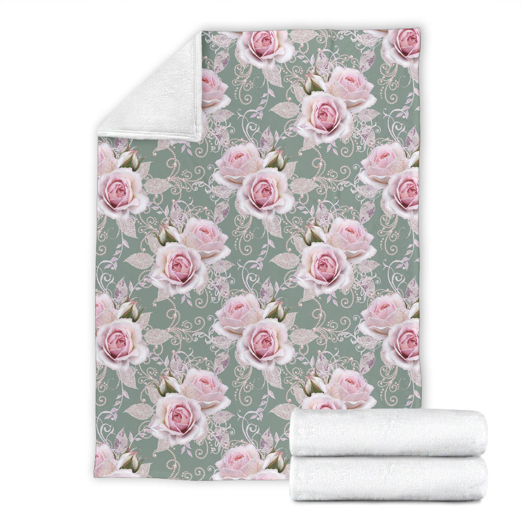 Rose White Pattern Print Design RO012 Fleece Blanket