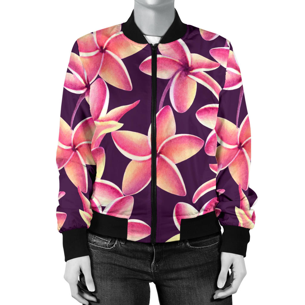 Purple Plumeria Pattern Print Design PM010 Women Bomber Jacket
