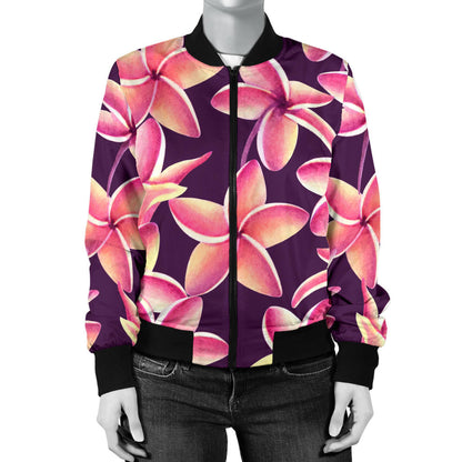 Purple Plumeria Pattern Print Design PM010 Women Bomber Jacket