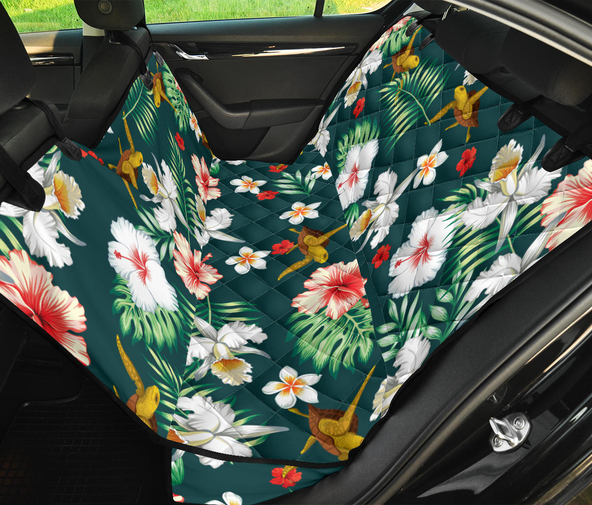Hawaiian Flower Design with SeaTurtle Print Rear Dog  Seat Cover