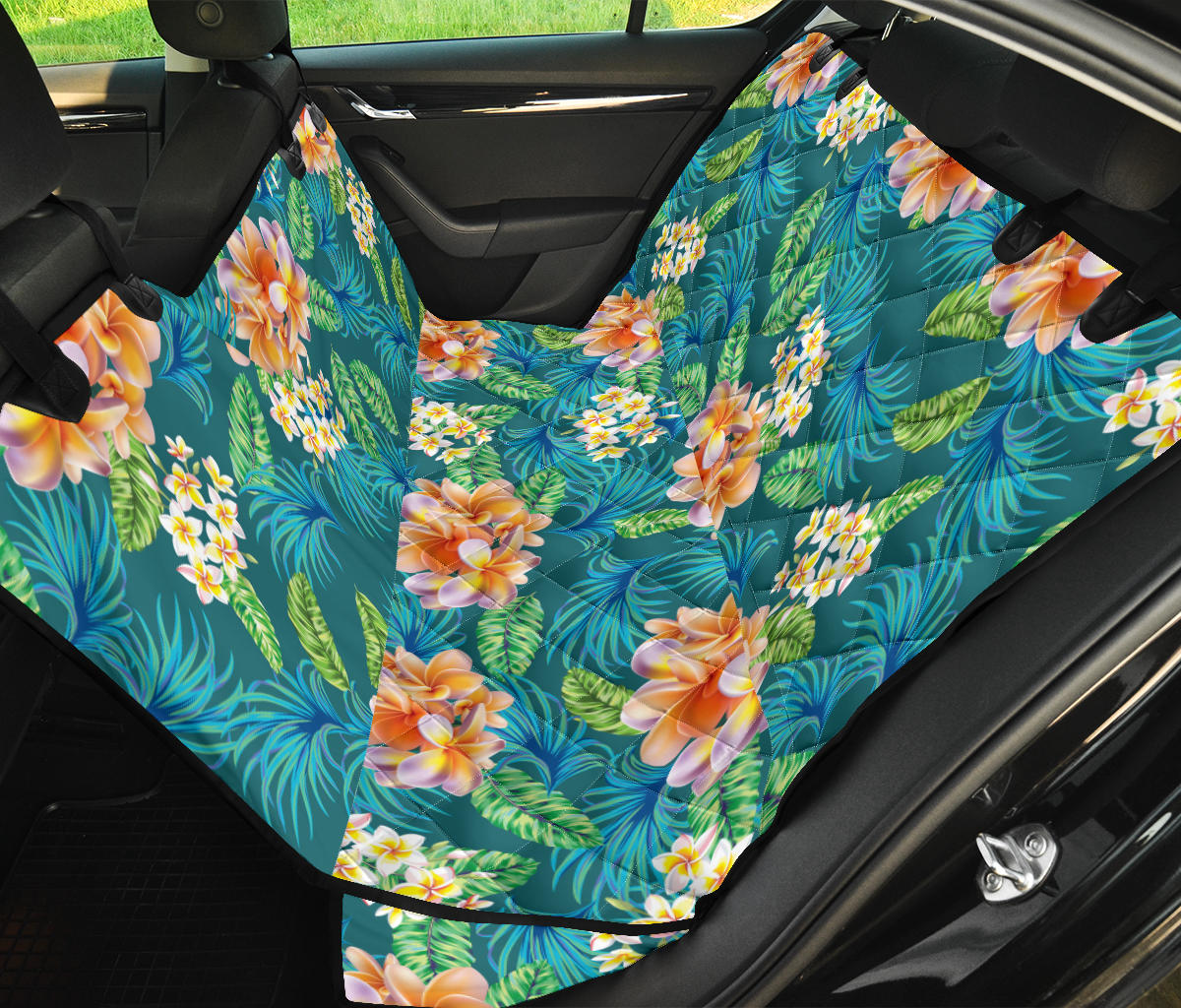 Plumeria Tropical Flower Design Print Rear Dog  Seat Cover