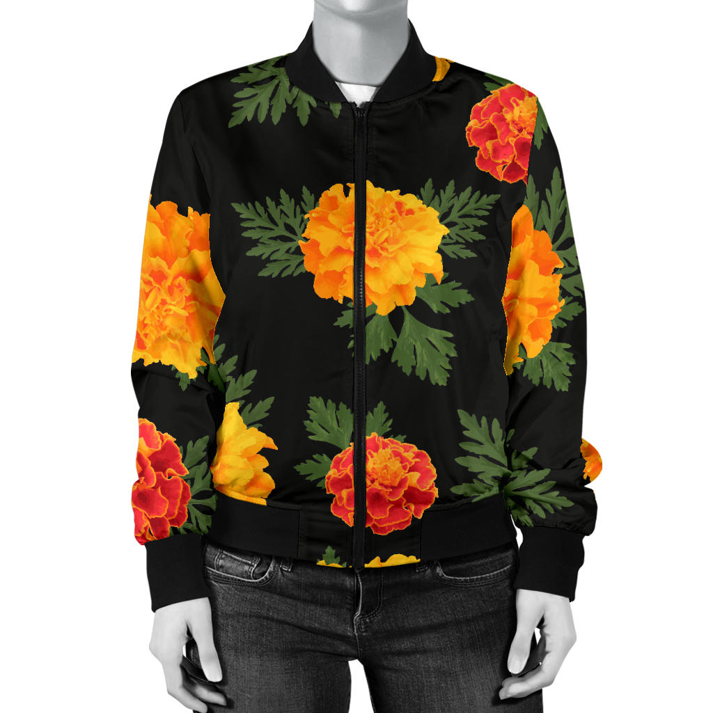 Marigold Pattern Print Design MR05 Women Bomber Jacket