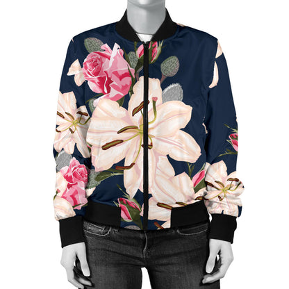 Lily Pattern Print Design LY04 Women Bomber Jacket