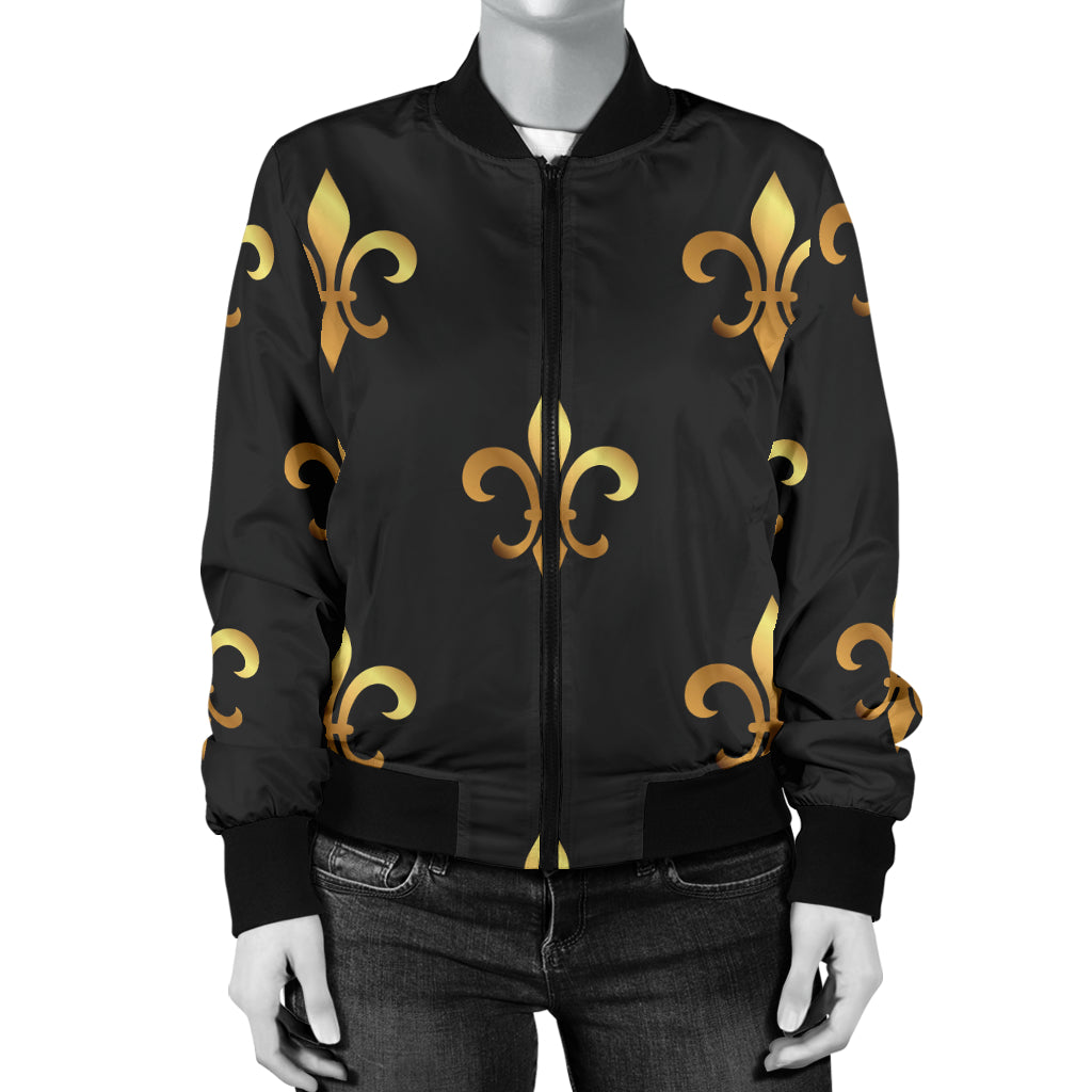 Fleur De Lis Gold Pattern Print Design 03 Women's Bomber Jacket