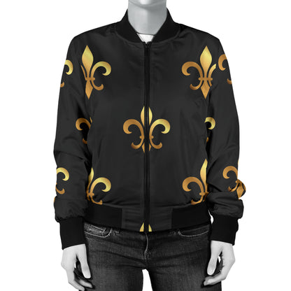 Fleur De Lis Gold Pattern Print Design 03 Women's Bomber Jacket