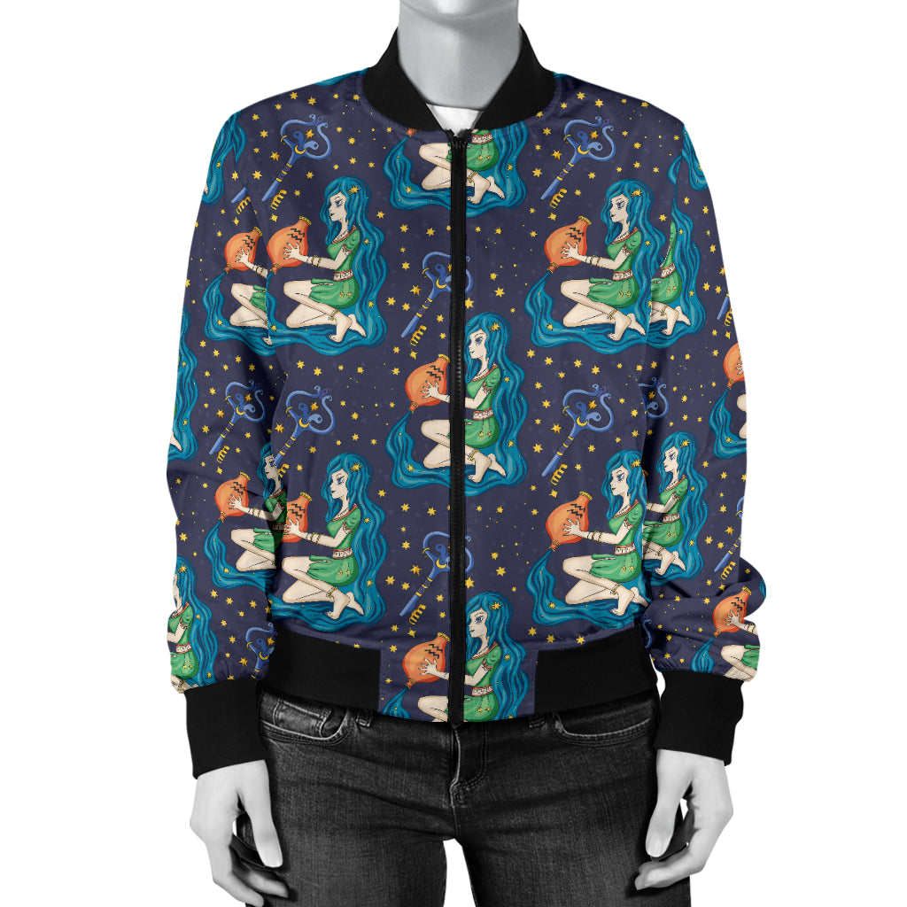 Aquarius Zodiac Pattern Print Design 03 Women's Bomber Jacket