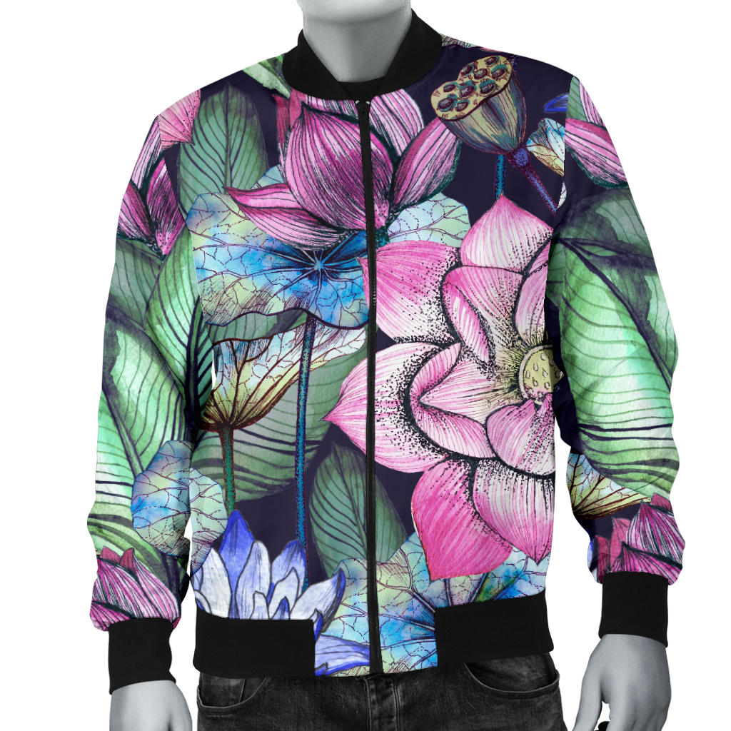 Water Lily Pattern Print Design WL07 Men Bomber Jacket