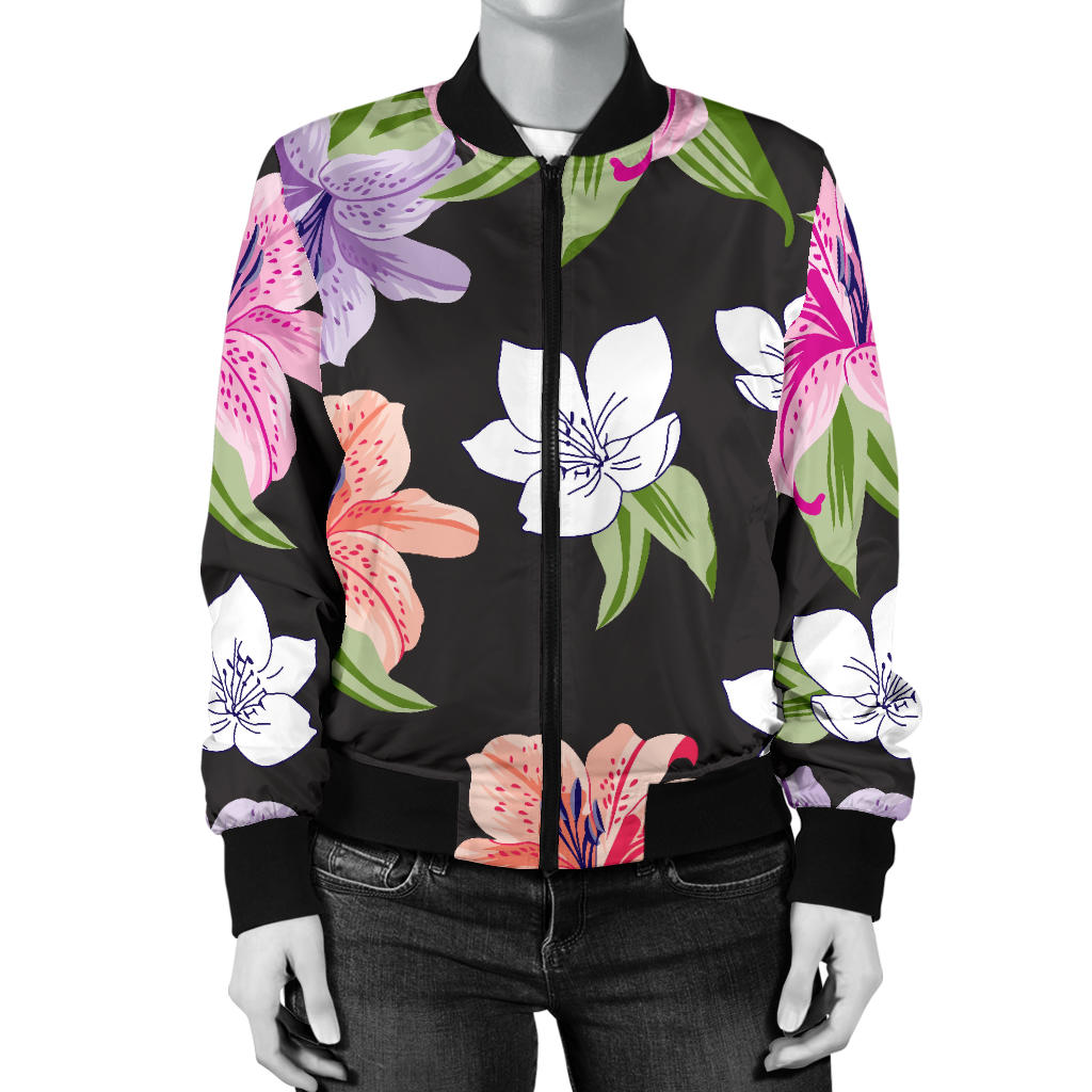 Lily Pattern Print Design LY02 Women Bomber Jacket