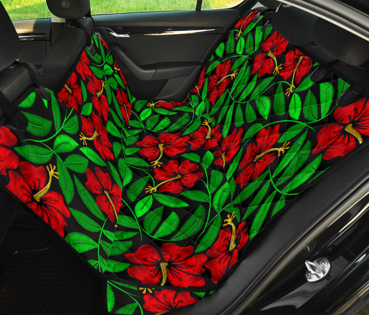 Red Hibiscus Embroidered Pattern Print Design HB032 Rear Dog  Seat Cover