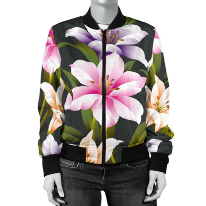 Lily Pattern Print Design LY01 Women Bomber Jacket