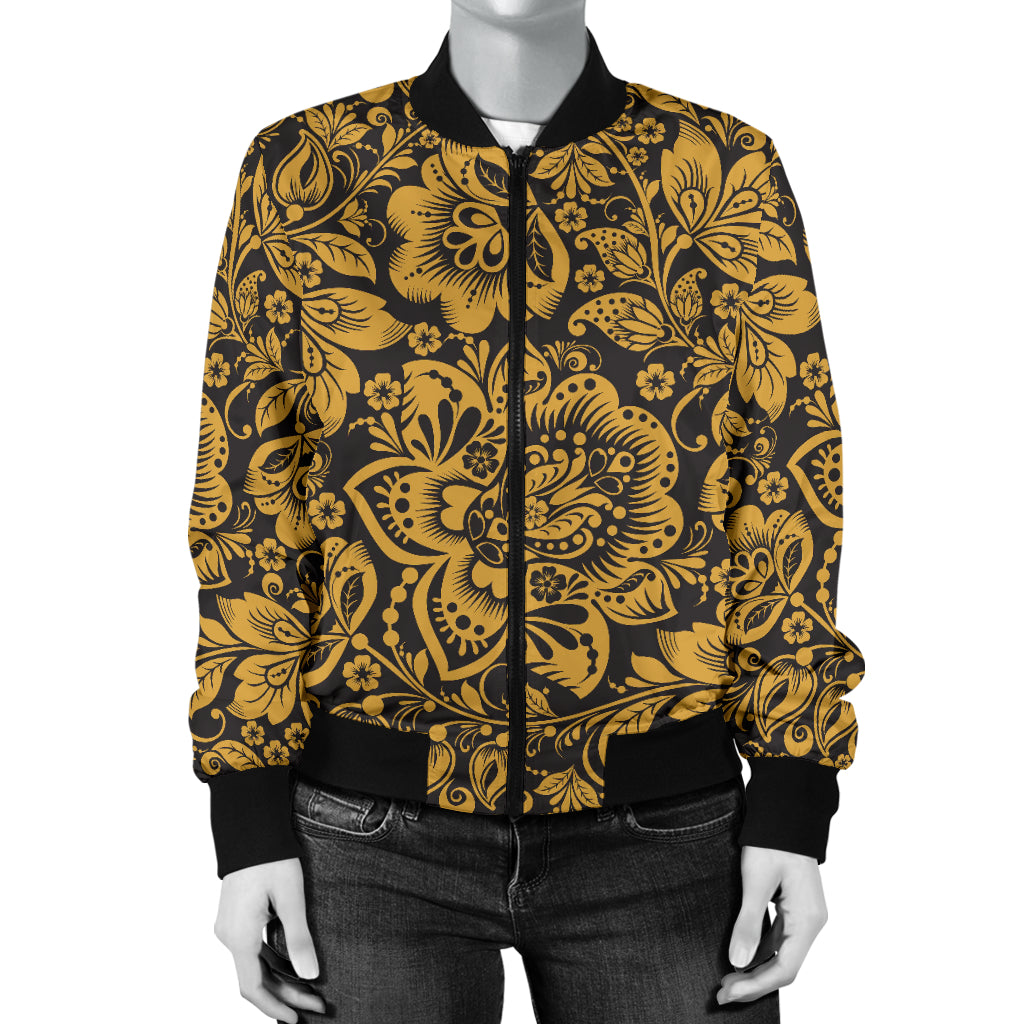 Brocade Gold Pattern Print Design 01 Women's Bomber Jacket
