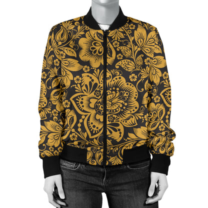 Brocade Gold Pattern Print Design 01 Women's Bomber Jacket