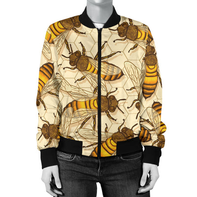 Bee Pattern Print Design BEE05 Women Bomber Jacket