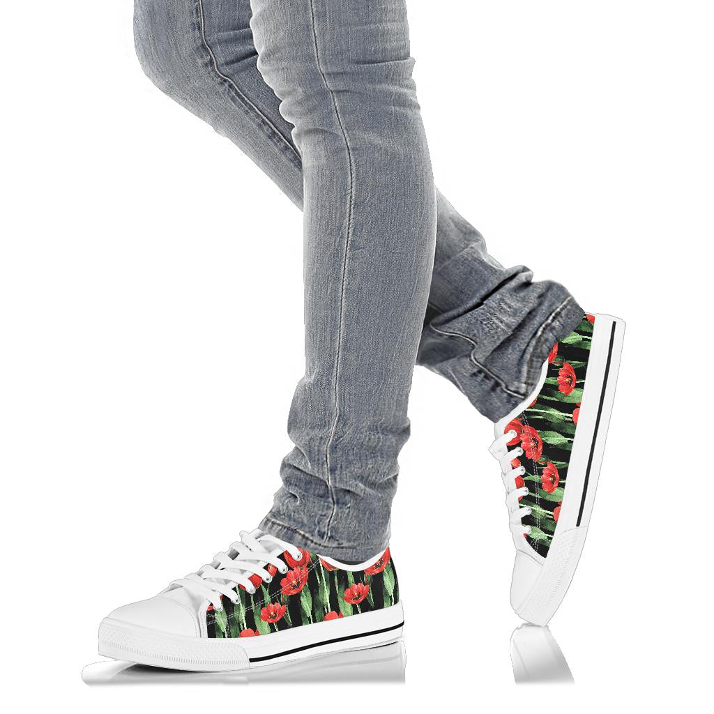 Tulip Red Pattern Print Design TP03 White Bottom Low Top Shoes