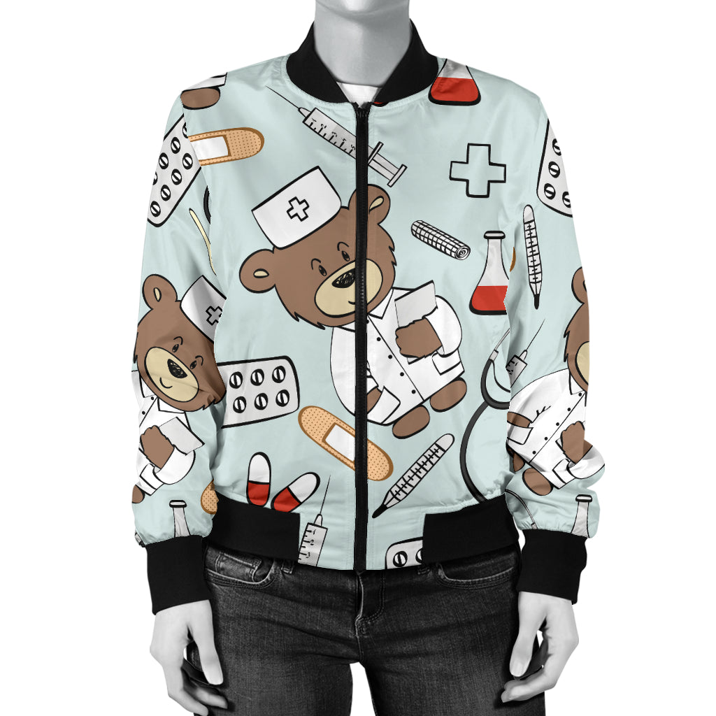 Nurse Bear Pattern Print Design A01 Women's Bomber Jacket