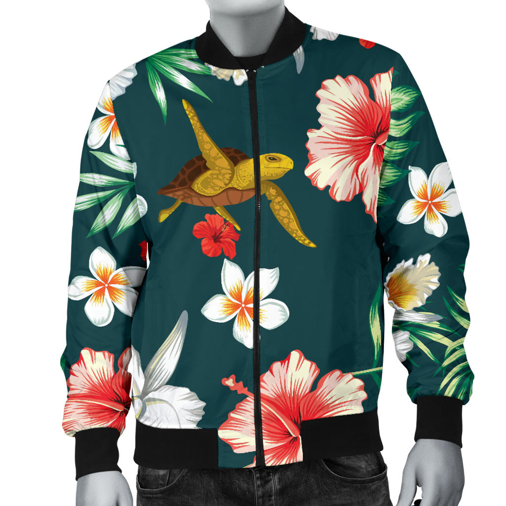 Hawaiian Flower Design with SeaTurtle Print Men Bomber Jacket
