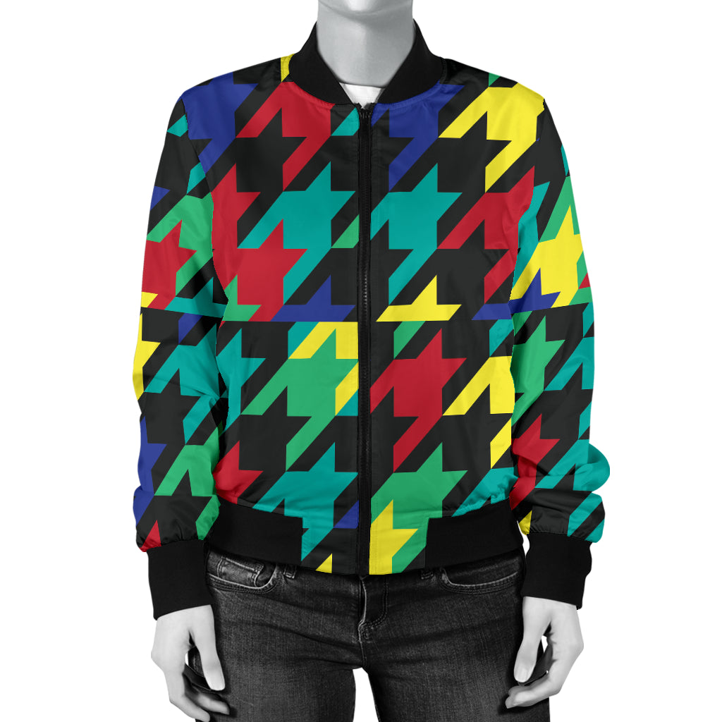Houndstooth Colorful Pattern Print Design 02 Women's Bomber Jacket