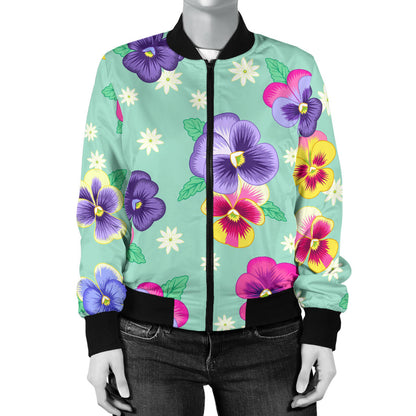 Pansy Pattern Print Design PS08 Women Bomber Jacket