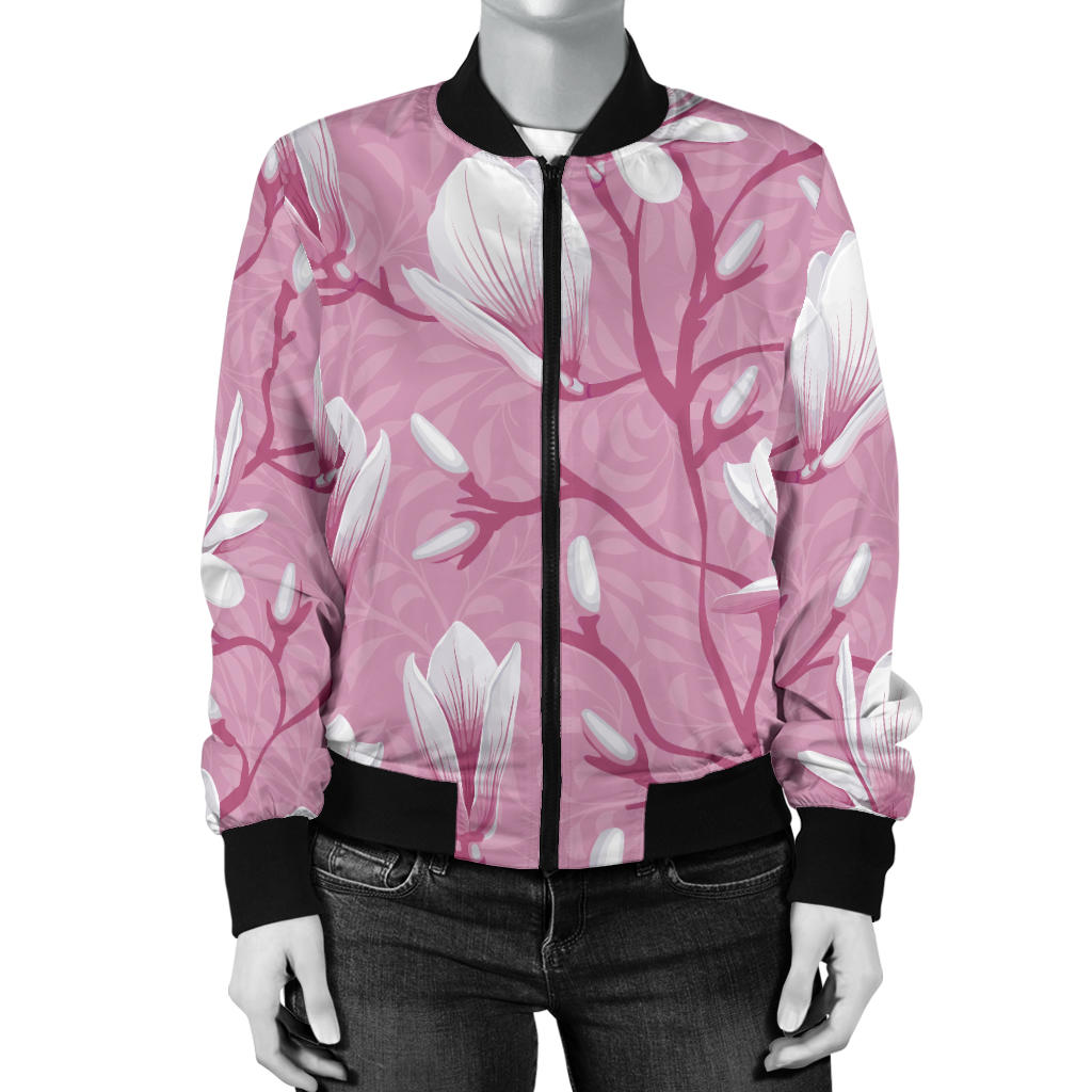 Magnolia Pattern Print Design MAG05 Women Bomber Jacket