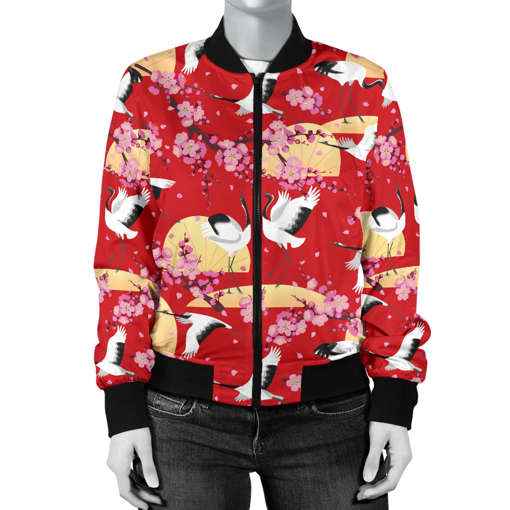Crane Pattern Print Design 04 Women's Bomber Jacket