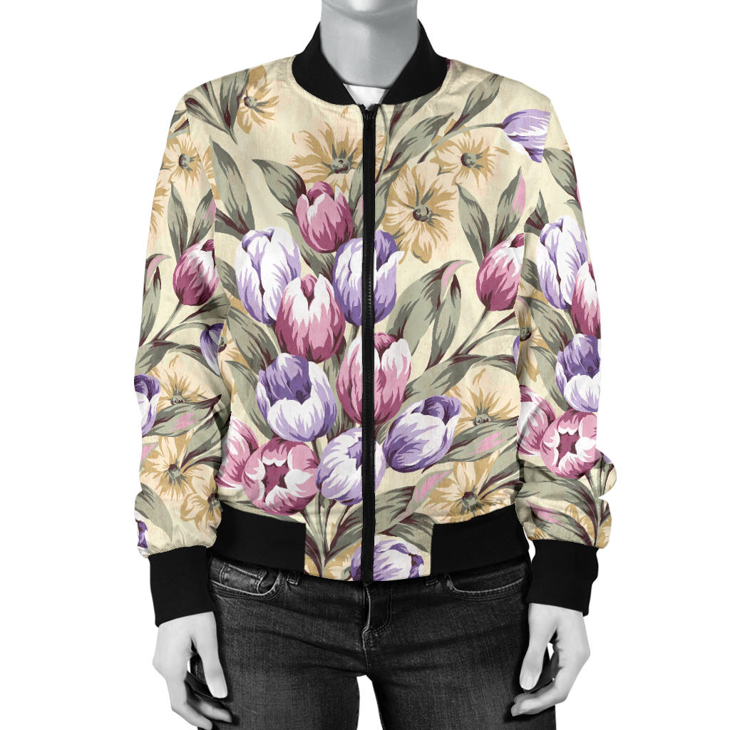 Tulip Pattern Print Design TP04 Women Bomber Jacket