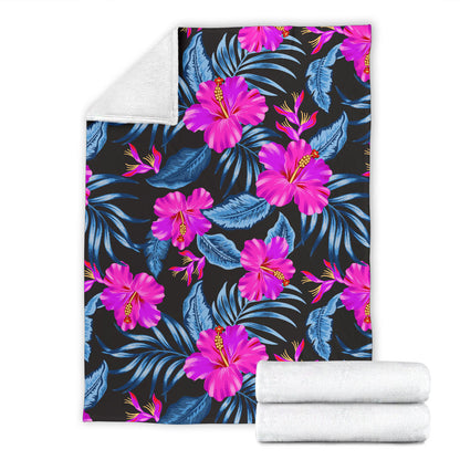 Neon Pink Hibiscus Pattern Print Design HB015 Fleece Blanket