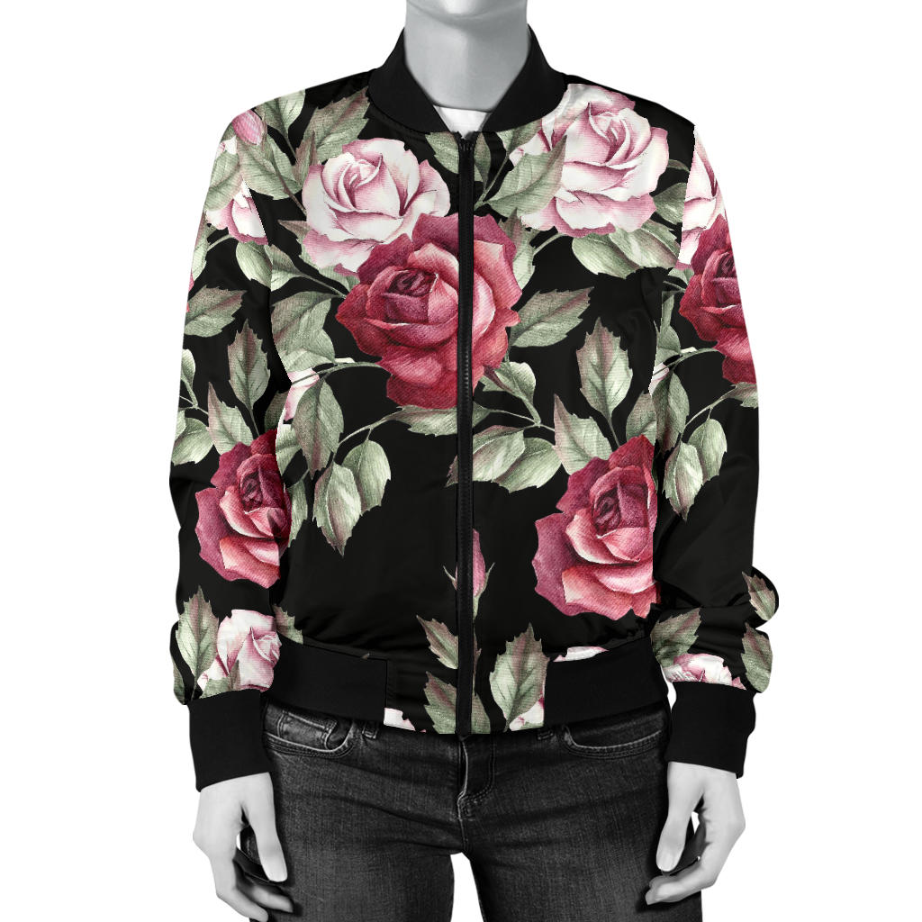Rose Red Pink Pattern Print Design RO03 Women Bomber Jacket